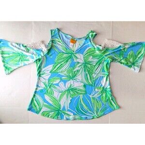 Ruby Rd Womens XL Sleeveless Blue Tropical Leaf Print Blouse Keyhole Crochet